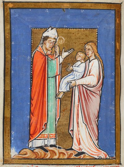 Yates Thompson 26 f.62v St. Cuthbert Healing a Child with the Mor, ilustrace z „Prózy Život sv. Cuthberta“, od Bede (vellum) od English School