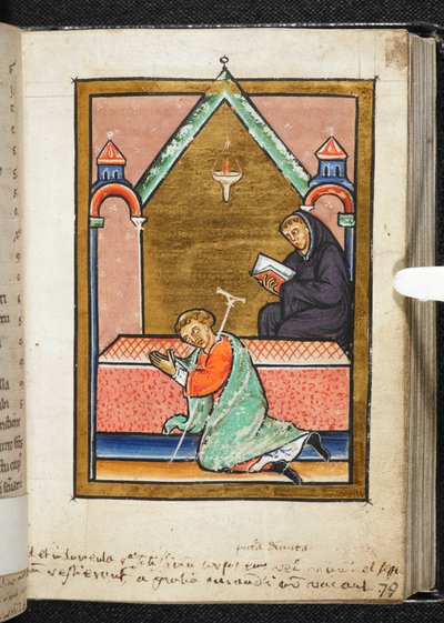 Yates Thompson Ms 26, f.79 r Mrzák se modlí u hrobu svatého Cuthberta, ilustrace z „Bede, próza Život Cuthberta“ (vellum) od English School