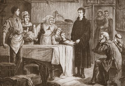 Mladý Calvin vykládá Bibli rodině v Bourges, ilustrace z Historie protestantismu od Jamese Aitkena Wylie (1808-1890), hospoda. 1878 od English School