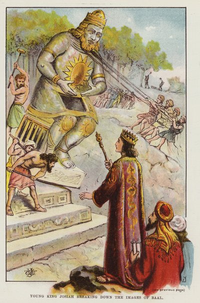 Mladý král Josiah rozbíjí obrazy Baala (barevné lito) od English School