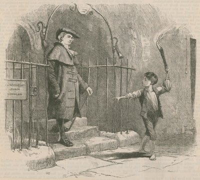 Mladý chlapec vede gentlemana světlem pochodně od English School