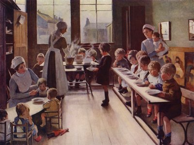 Malé děti při jídle v jeslích (barva litho) od English School