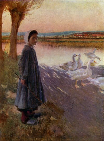 Mladá dívka pečující o hejno hus (barva litho) od English School