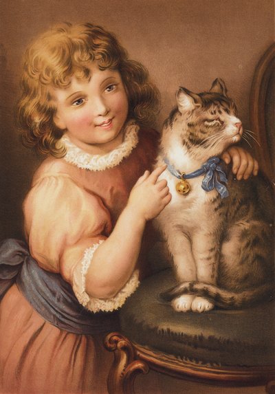 Mladá dívka s kočkou (chromolitho) od English School