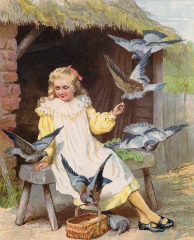 Mladé dívky krmící holuby na farmě (chromolitho) od English School