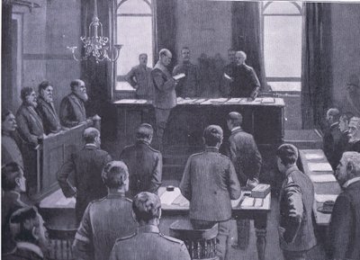 Proces za zradu v Bloemfonteinu, z After Pretoria: The Guerilla War vydané Harmsworth Bros Limited, 1901 od Enoch Ward
