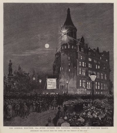 Oznámení o výsledcích všeobecných voleb z roku 1892 od Liberal Club, Westminster, Londýn (litho) od Enoch Ward