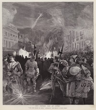 Guy Fawkes Day průvod v Lewes, Sussex, 5. listopadu 1892 (litho) od Enoch Ward
