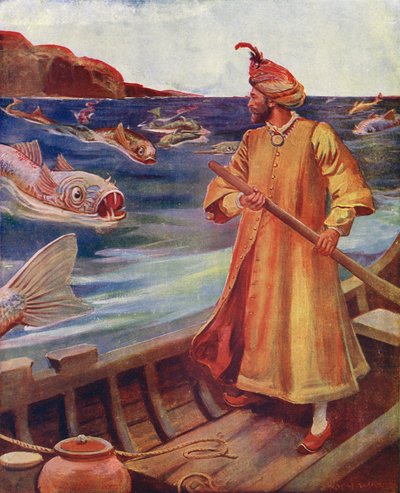 Sindibád vidí obrovské ryby (barevná litografie) od Enoch Ward