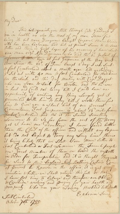 Dopis Allice Jonesové, Concord, Massachusetts, 7. října 1755 (pero a inkoust na papíře) od Ephraim Jones