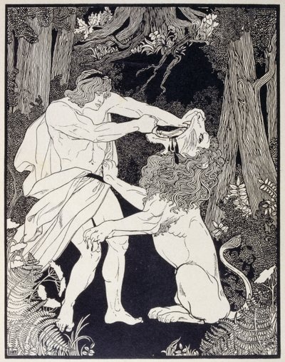 Kresba Samsona bojujícího se lvem (rytina) od Ephraim Moses Lilien