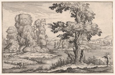 Krajina s kozami pasoucími se u řeky a postavou v pravém popředí, ze ser..., 1638. od Ercole Bazicaluva