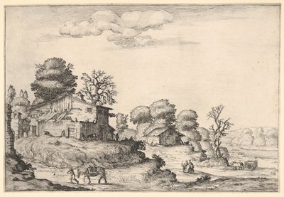 Krajina se selskými obydlími a mužem vedoucím koně v levém popředí, z ..., 1638. od Ercole Bazicaluva