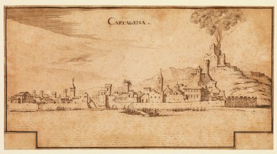 Pohled na Cartagenu, Španělsko, cca 1642 (pero a hnědý inkoust na položeném papíře, s hnědým inkoustovým rámováním na spodní straně) od Ercole Frigoni Bazzicaluva