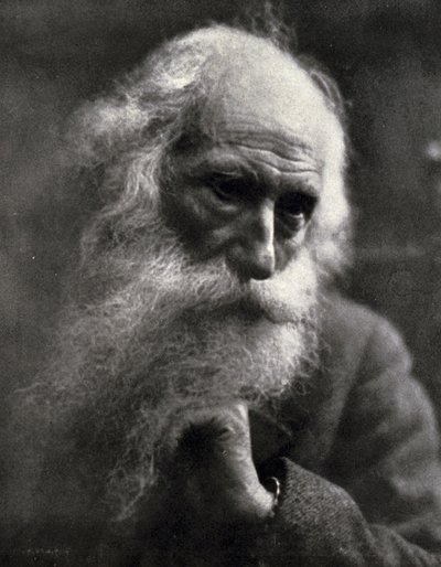 Detailní záběr na slavného sochaře Vincenza Gemita. Postarší umělec si hladí husté bílé vousy (černobílá fotografie) od Ercole Massaglia