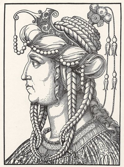 ""Portrét sultány Roxelane (Russelazie (Rusína) nebo Hurrem (rozená Anastasia Lisovska, cca 1500-1558) manželky sultána Suleimana Velkolepého"" Dřevoryt Erharda Schoena (1491-1592) kolem roku 1532 Muzeum Gotha2 Herzogliches od Erhard Schon