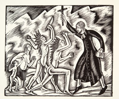 Útok, z Cest a utrpení otce Jean de Brebeuf od Eric Gill