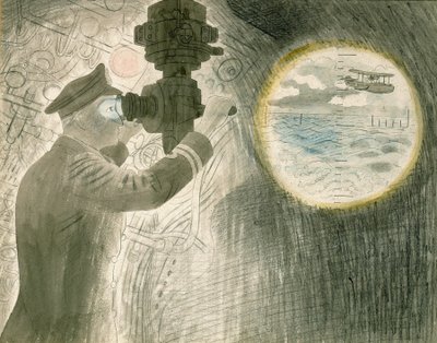 Důstojník ponorky (ponorky) se dívá do periskopu. Akvarel a tužka na papíře od Eric Ravilious