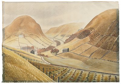 Corn Stooks and Farmsteads - Hill Farm, Capel-y ffin, Wales, 1938 od Eric Ravilious