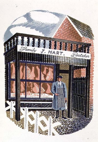 The Butchers Shop, vytiskl Curwen Press, z High Street, autor J. M. Richards, vydal Country Life, 1938 (sada 24 kusů) od Eric Ravilious