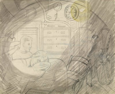Kabina (nebo náměstí) vyšších důstojníků ponorky (ponorky). Série tužek Erica Raviliouse (1903-1942), který se nalodil na ponorku během druhé světové války (1939-1945). od Eric Ravilious