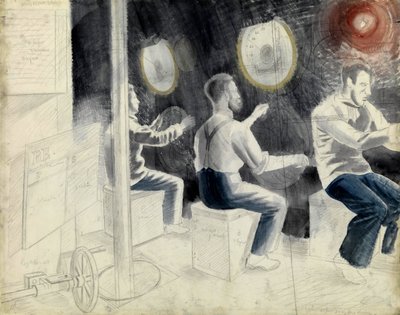 Řídicí místnost pro ponor během ponoření ponorky. Série tužek Erica Raviliouse (1903-1942), který se nalodil na ponorku během druhé světové války (1939-1945). od Eric Ravilious