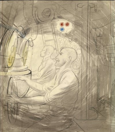 Řídicí místnost ponorky. Série tužek Erica Raviliouse (1903-1942), který se nalodil na ponorku během druhé světové války (1939-1945). od Eric Ravilious