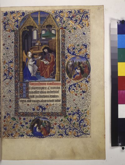 Celá strana: zarámovaná miniatura s textem a temperovou iniciálou pod ní od Erich Lessing