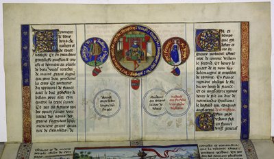 Celá strana: text s iniciálami a třemi medailony: Godfrey z Bouillonu od Erich Lessing