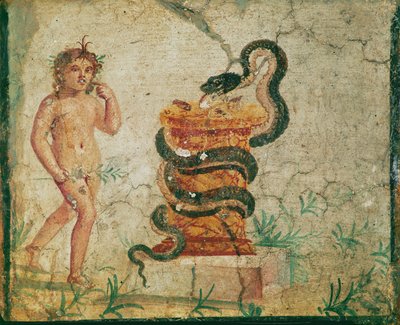 Harpokratés stojí u oltáře, obklopen hadem. od Erich Lessing