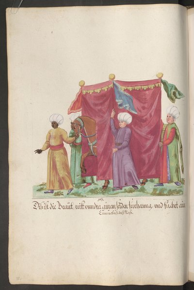 Türkische Hochzeitszeremonie: Braut zu Pferd, hinter einem Vorhang, mit drei Dienern und einem Eunuchen, der ihr Pferd führt von Erich Lessing