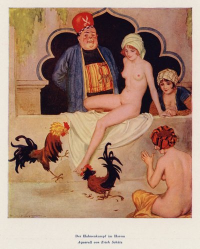 Kohoutí zápas v harému (akvarel) od Erich Schutz