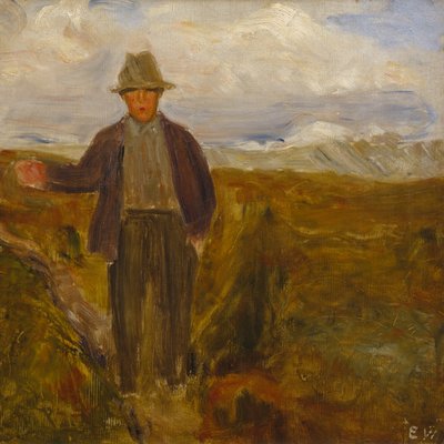 Muž s horou Smiubelgen a Rondane v zádech od Erik Theodor Werenskiold