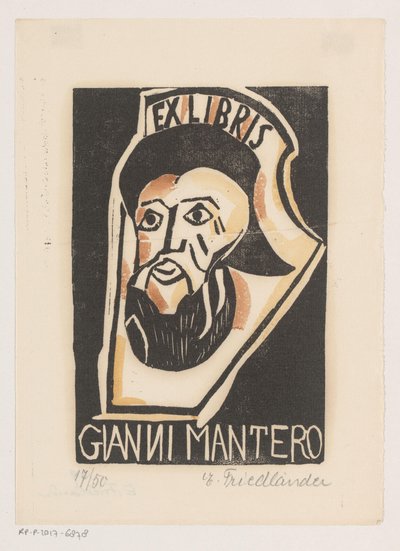 Ex libris van Gianni Mantero od Erna Levy Friedländer (signed by artist)