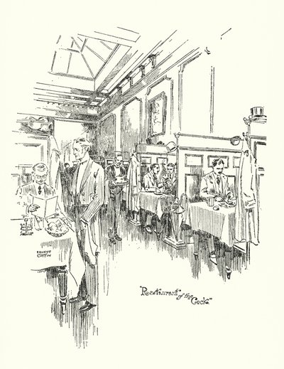 Starý Londýn: Restaurant of the Cock Tavern (litografie) od Ernest (after) Coffin