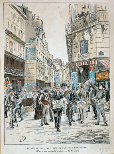 Francie, Paříž, Prodejce novin v rue du Croissant na rohu rue du Faubourg Montmartre v Paříži od Ernesta Greniera, tisk z akvarelu od Ernest (after) Grenier