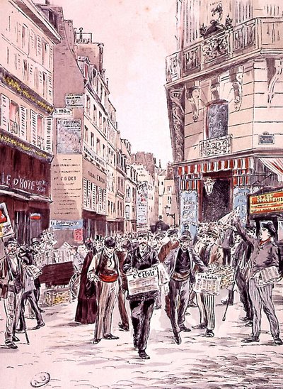 prodejci novin v ulicích Paříže v roce 1893, rytina od Ernest (after) Grenier