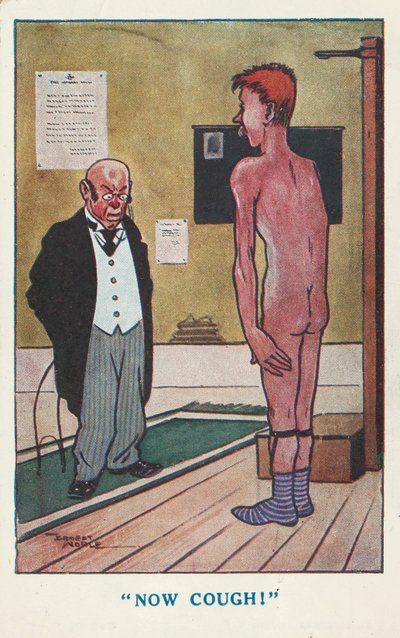 Doktor žádá nahého muže, aby kašlal při lékařské prohlídce (barva litho) od Ernest (after) Noble