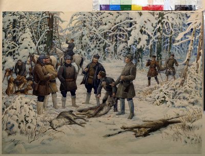 Po úspěšném lovu. Skupiny lovců shromažďují zvěř (vlky) na signál jezdce, který zatroubí. Obraz Ernesta Ernestoviče Lissnera (1874-1941), olej na plátně od Ernest Ernestovich Lissner