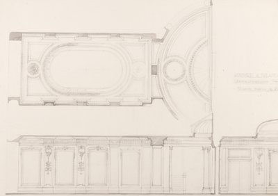 Návrhy interiéru kina Oxford and Poland Street Cinematograph Theatre: Strop hlediště a zadní stěna, cca 1910 (tužka na papíře) od Ernest George William Souster
