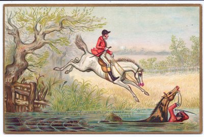 Viktoriánský novoroční pohled na hon na lišku s lovcem a jeho koněm padajícím do řeky, kolem roku 1880 od Ernest Henry Griset