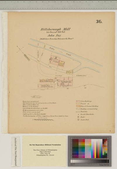 Plán Hillsborough Mill, Middletown Township, Delware, ilustrace z „Hexamer General Surveys“ (pero a inkoust s mytím na papíře) od Ernest Hexamer