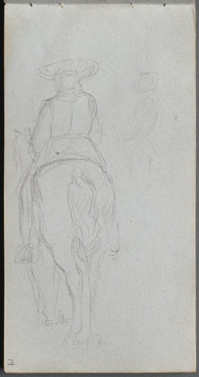 Náčrtník, strana 19: Studie postavy na koni při pohledu zezadu. od Jean Louis Ernest Meissonier