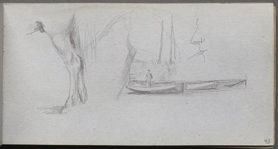 Náčrtník, strana 43: Studie: Koňská noha, Postava ve člunu a Profil. od Jean Louis Ernest Meissonier