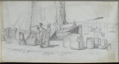Náčrtník, strana 50: Lodě, figurky, náklad na pláži. od Jean Louis Ernest Meissonier
