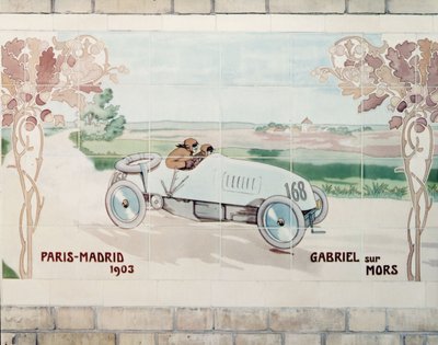 Gabriel řídící vůz Mors v závodě z Paříže do Madridu v roce 1903, známém jako Závod smrti: keramické dlaždice vyrobené firmou Gilardoni Fils et Cie v Paříži, podle kresby Ernesta Montauta (1878-1909). od Ernest Montaut