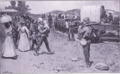 Britští vojáci pomáhající búrským uprchlíkům, ilustrace z Po Pretorii: Guerilla War, 1902 od Ernest Prater