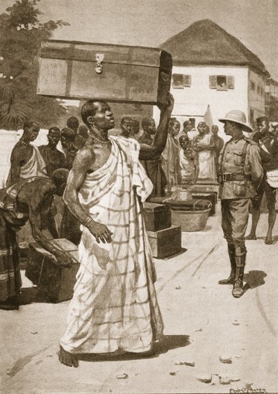 Nosiče vycházející z hradu Cape Coast pro Kumassi, ilustrace z „Bitvy devatenáctého století: sv. VII, The Ashanti War of 1900