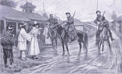 Kozáci zvědové shromažďují informace od korejského zajatce, ilustrace z Cassellse Historie rusko-japonské války Vol 1, kolem roku 1900 od Ernest Prater