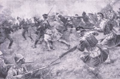 Galantní obvinění londýnských skotských, z History of the Great War Vol 3 vydané nakladatelstvím Waverley Book Co Limited, kolem roku 1920 od Ernest Prater